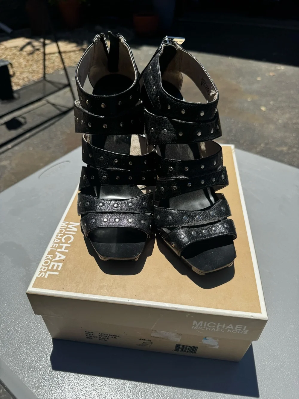 Michael Michael Kors Astor Black Leather Studded Heeled Sandals | Size 8.5
